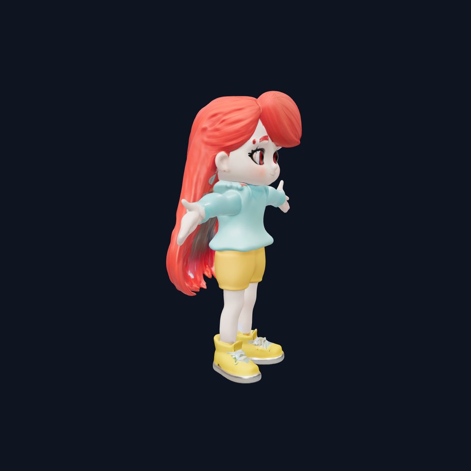 Animated Rigged D Model of Cheerful Girl Character with Red Hair